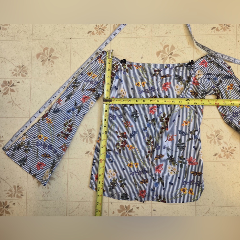 Anthropologie Striped Floral Off-Shoulder Top - Blue and Multicolor - Picture 3 of 7
